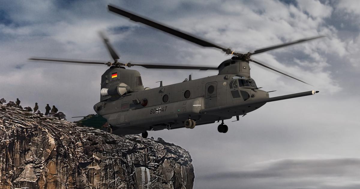 A company graphic depicts a CH-47F Block II in notional Luftwaffe colors. The German Chinooks will be equipped with a probe for refueling from KC-130J and A400M tankers. (Photo: Boeing)