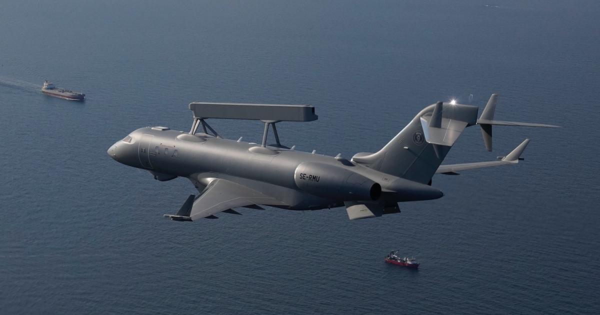 One of the UAE’s GlobalEyes is seen during a pre-delivery test flight. As well as providing Sweden with enhanced air surveillance, the GlobalEye will greatly improve maritime capability. (Photo: Saab)