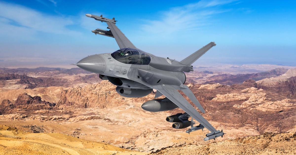 A company graphic depicts an F-16D Block 70 two-seater in typical multirole fighter configuration, including the Sniper targeting pod. (Photo: Lockheed Martin)