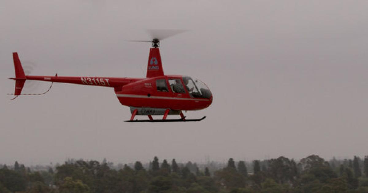 The first flight of an all-electric Robinson R44 using MagniX electric propulsion on June 4. (Photo: Tier 1 Engineering)