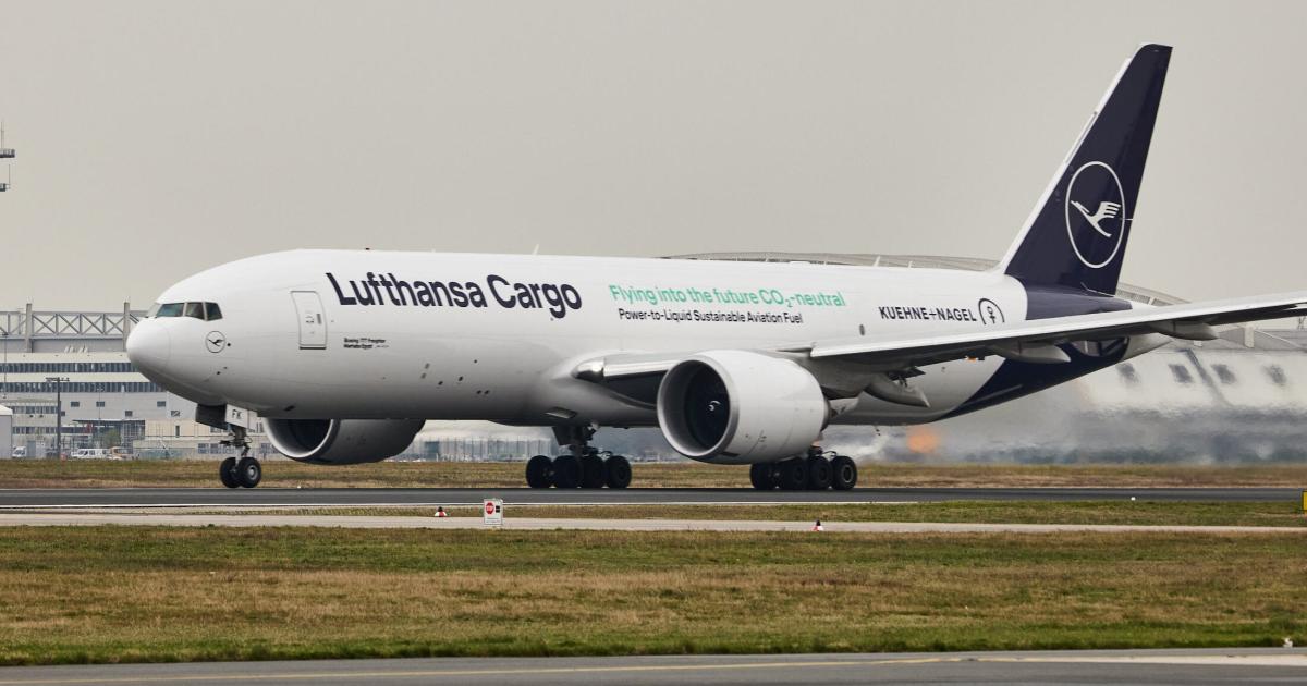 A Lufthansa Cargo Boeing 777F features a special livery to promote the use of power-to-liquid synthetic sustainable aviation fuel.
(Photo: Lufthansa Cargo)