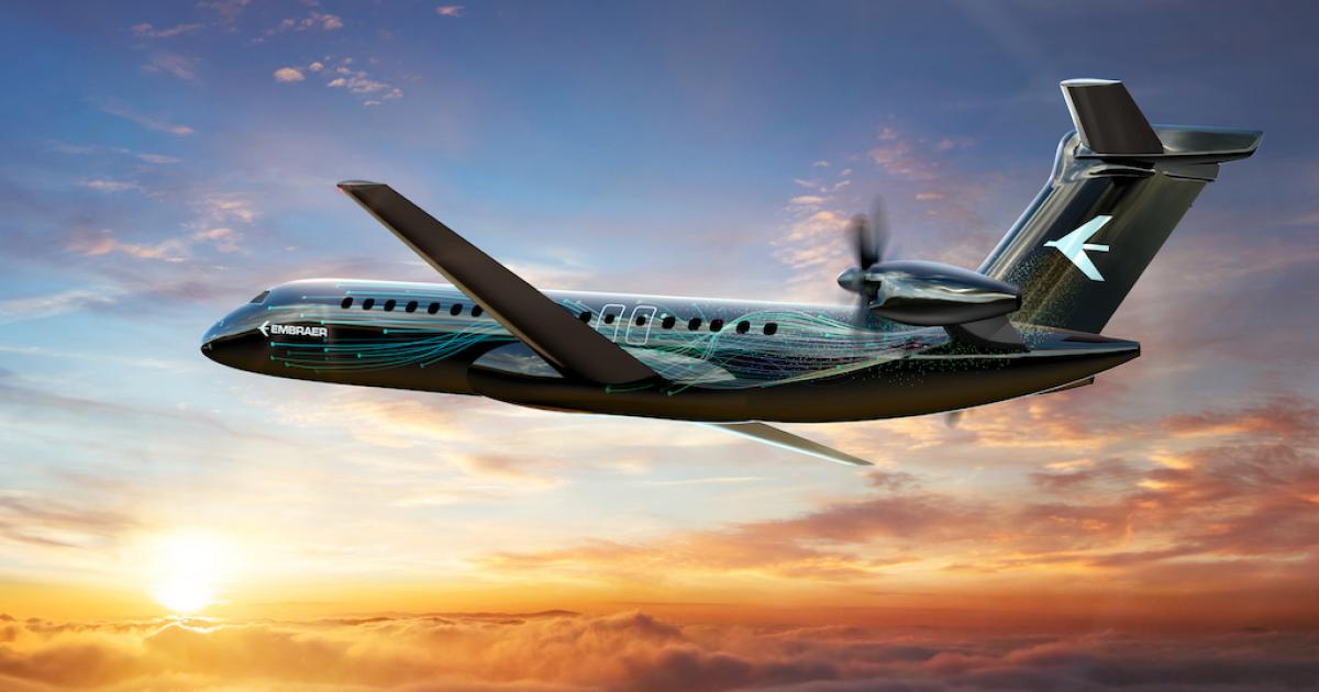 Embraer's concept for a 70- to 90-seat turboprop now shows rear fuselage-mounted engines. (Image: Embraer)