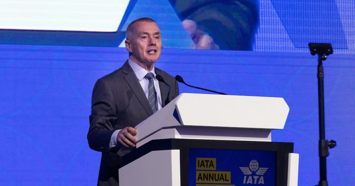 IATA director general Willie Walsh addresses the 2022 Annual General Meeting in Doha on Monday. (Photo: IATA)