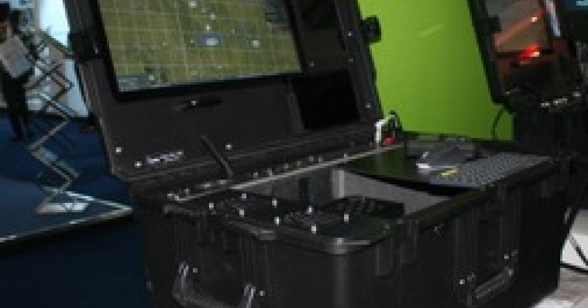 One of Inzpire’s portable simulator training cases on display in Hall 1 at the Farnborough Airshow. (Photo: Chris Pocock)