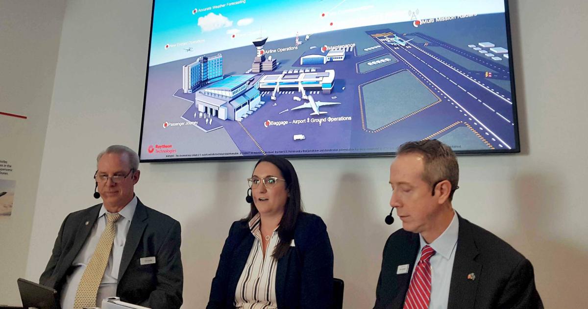 From left, Denis Donohue, president, communications and airspace management systems, Raytheon Intelligence & Space, Jennifer Schopfer, president, connected aviation solutions, Collins Aerospace, and David Emmerling, v-p, mature commercial engines, Pratt & Whitney (Photo: Peter Shaw-Smith)