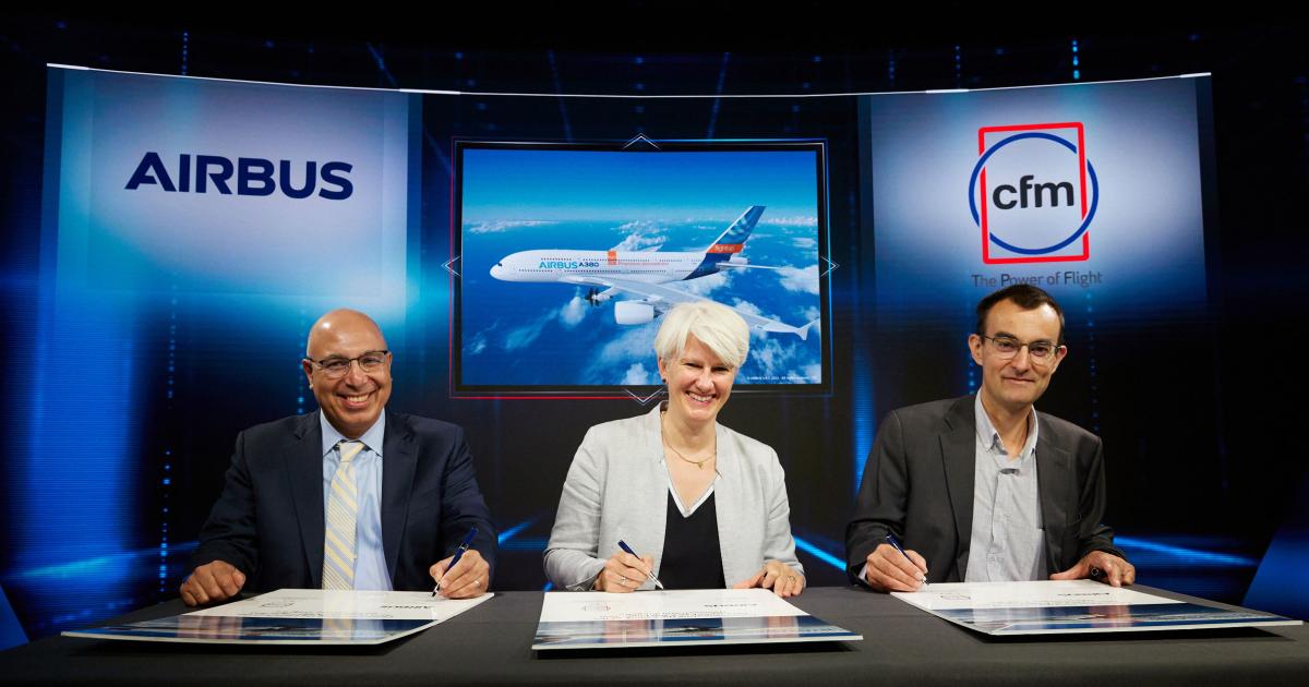 Left to right: Mohamed Ali, v-p engineering, GE Aerospace; Sabine Klauke, Airbus chief technical officer;  François Bastin, v-p, commercial engines, Safran Aircraft Engines.