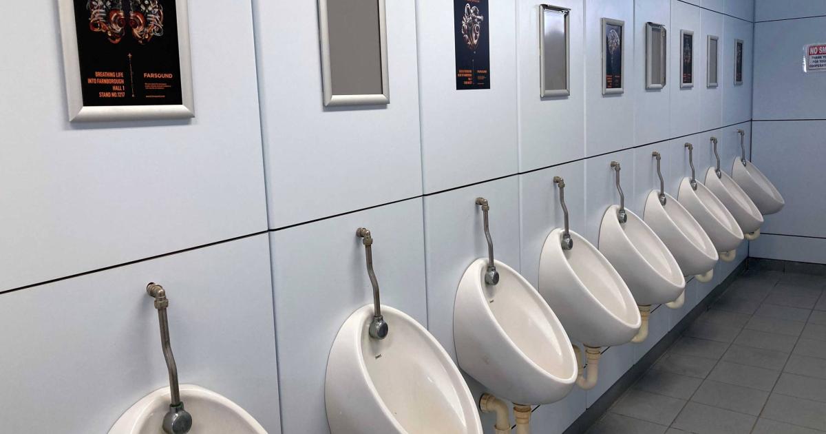 Farsound Aviation has strategically positioned its adverts at the Farnborough Airshow in rest rooms. (Photo: James Wynbrandt)