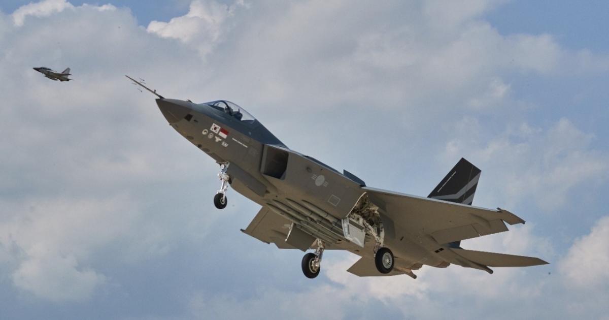 KF-21 No. 1 makes its July 19 first flight with a KAI T-50 chase plane in attendance. (Photo: Defense Acquisition Program Administration)
