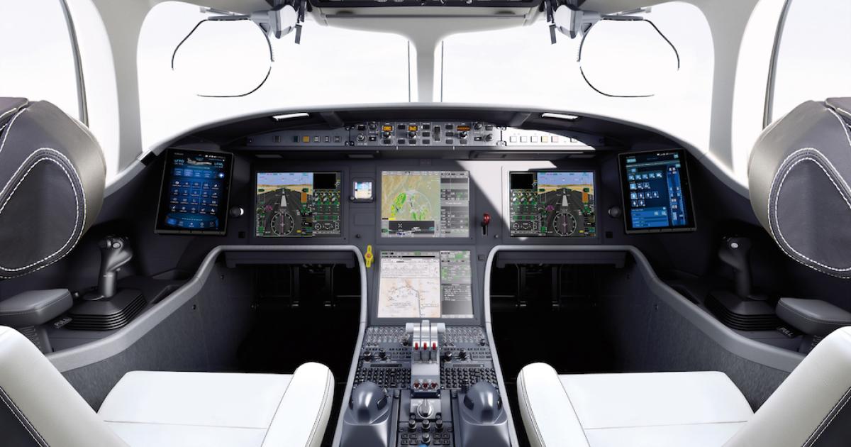 Falcon 8X operators can now install a second FalconEye head-up display as a retrofit, or buyers can option a dual-HUD installation. (Photo: Dassault)
