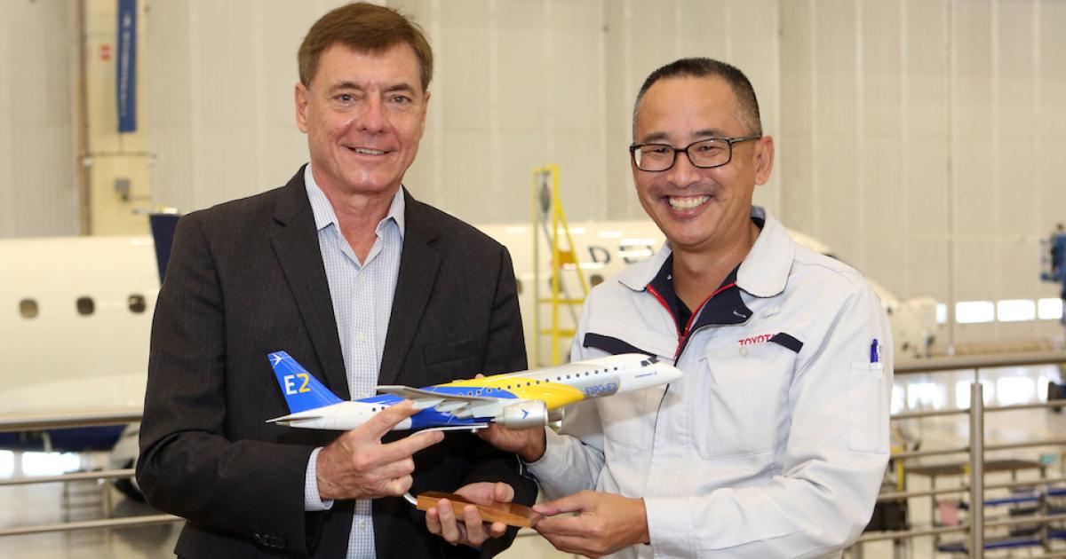 Embraer CEO Francisco Gomes Neto and Rafael Chang, president of Toyota do Brasil, celebrate Embraer's move toward potentially incorporating operational principles from the auto manufacturer. (Photo: Embraer)