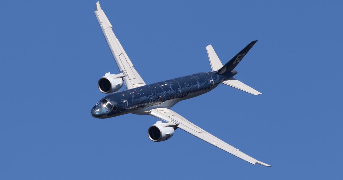 Participating in the flying display in Farnborough, Embraer's E190-E2 is among the E-Jets in the LOT fleet covered under the Brazilian airframer's pool program. (Photo: David McIntosh)