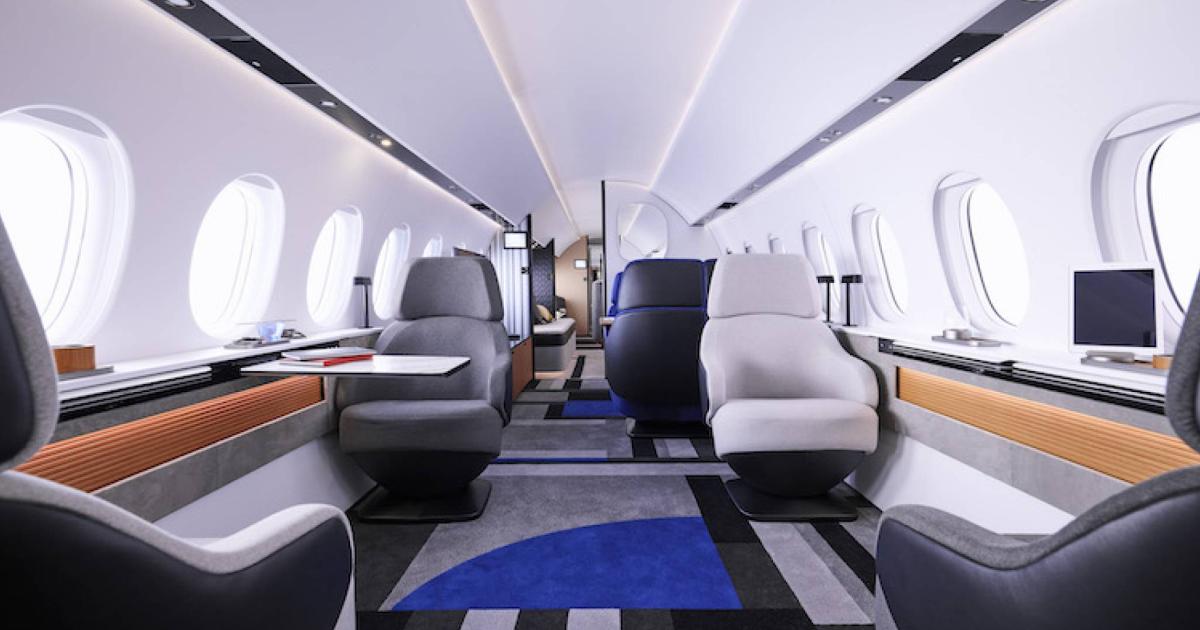 Dassault's Falcon 10X interior design is getting awards as the French airframer progresses toward an anticipated market entry in late 2025. (Photo: Dassault Aviation)