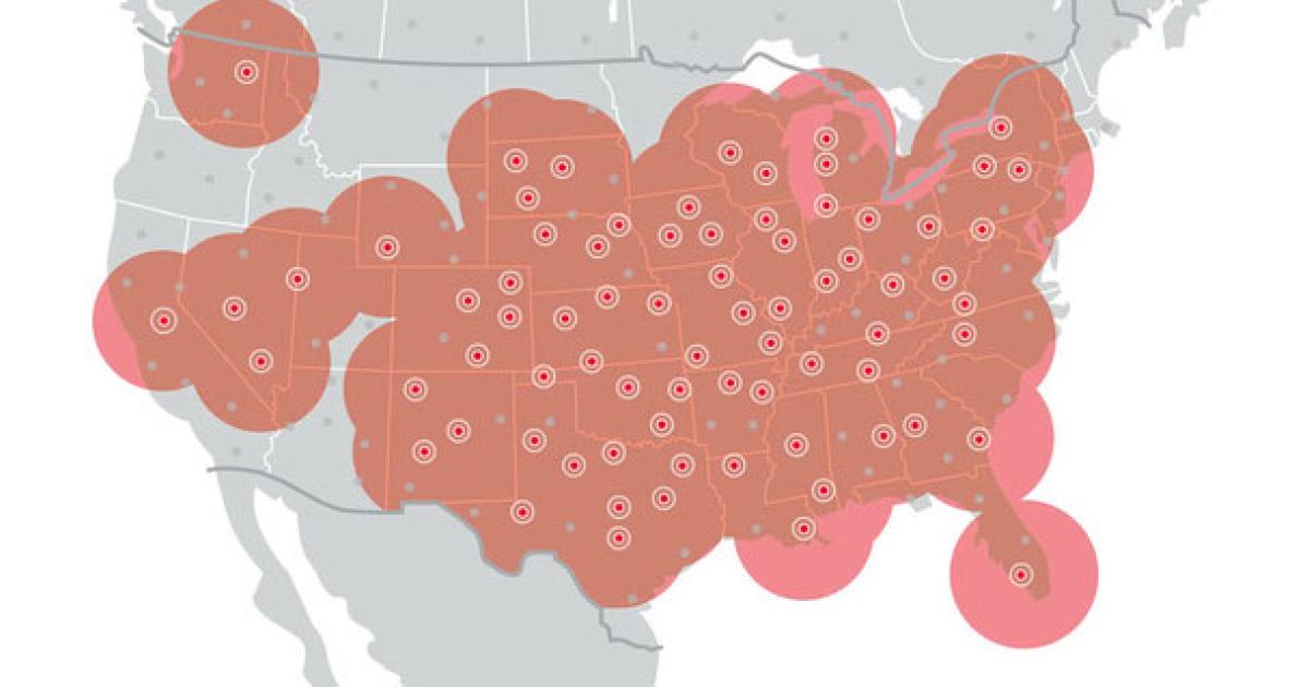 This map shows Gogo's current 5G coverage footprint. The 75 completed towers are depicted in red, while the gray area is planned for deployment. (Image: Gogo Business Aviation)