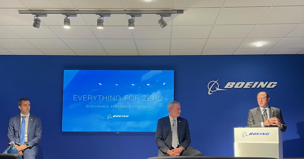 (Left to right) Boeing executives Brian Yutko, Mike Sinnett, and Chris Raymond outlined plans to help the aerospace industry meet sustainability goals at a Farnborough Airshow forum.