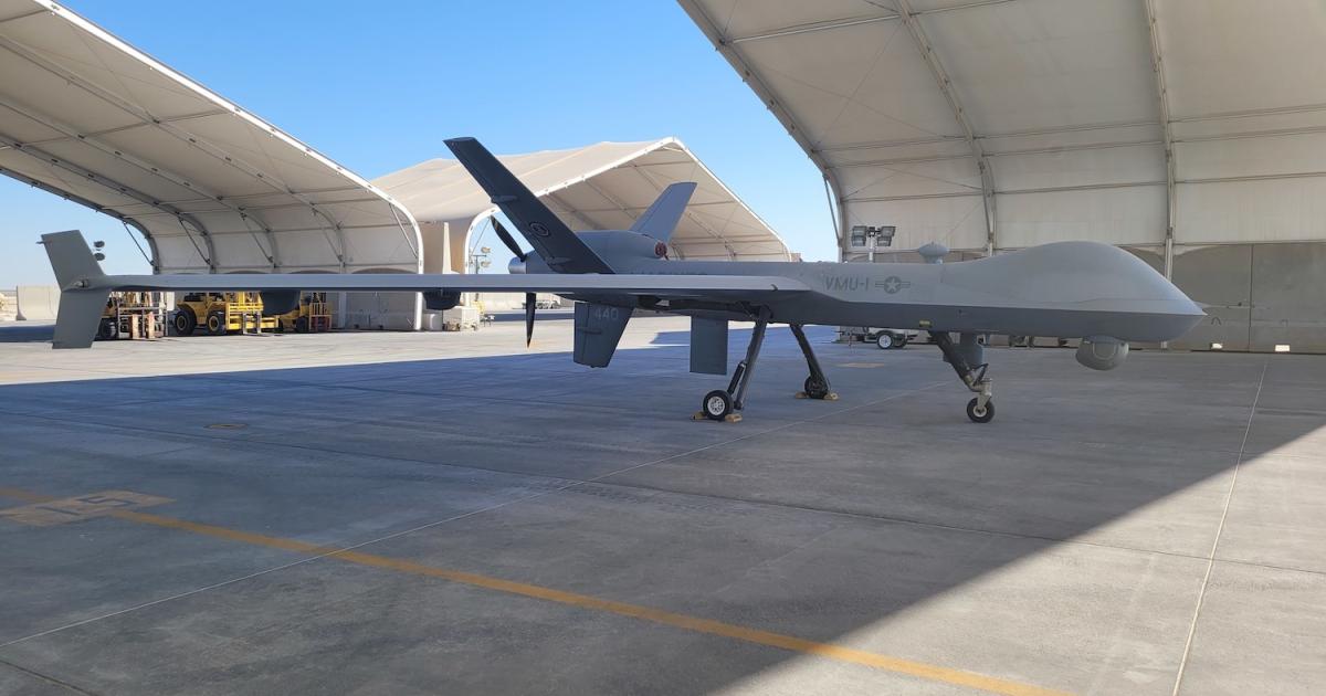 One of VMU-1’s MQ-9As appears at its Yuma base. The first two MQ-9As were flown under a contractor-owned/contractor-operated arrangement with General Atomics, but are now government-owned. (Photo: U.S. Marine Corps)