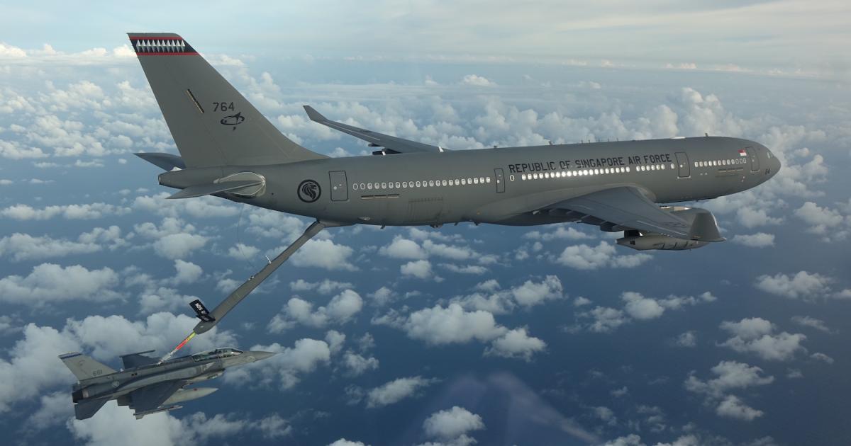 An RSAF A330 MRTT refuels an F-16D. Singapore is the first MRTT user to acquire the automatic air-to-air refueling capability. (Photo: Airbus/Mindef)