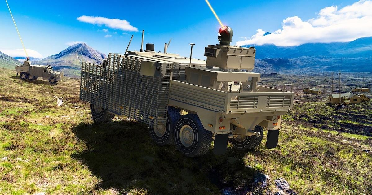 An impression shows Raytheon HELs mounted on British Army Wolfhound vehicles. Raytheon plans a six-month trial of the combination this year. (Image: Raytheon)