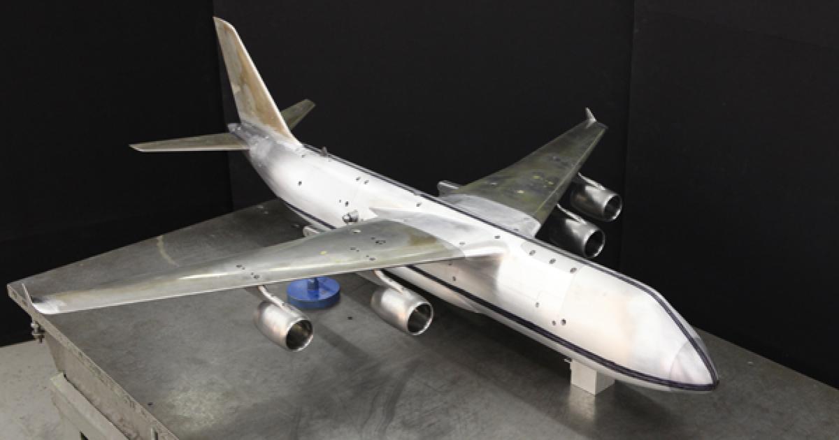The latest wind tunnel model of the Slon features an enlarged fuselage cross-section, a smaller fairing for wing-to-fuselage attachment points, and winglets. (Photo: TsAGI)