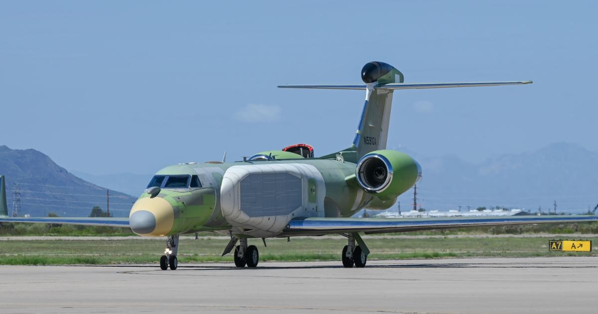 Wearing primer and registered to Gulfstream as N591GA, one of the first EC-37Bs is seen during a visit to the 55th ECG at Davis-Monthan Air Force Base, which is the home base for the Compass Call aircraft. (Photo: U.S. Air Force)