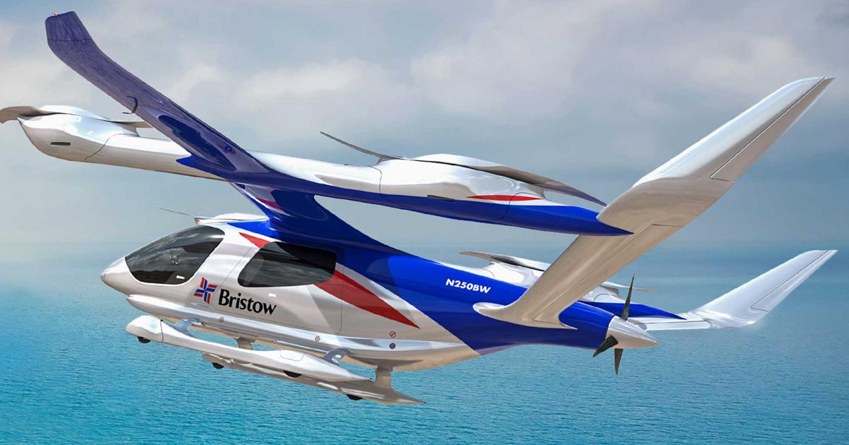 Helicopter operator Bristow has placed a firm order for five Beta Alia 250 eVTOLs and has options for 50 more. The aircraft features four vertical lift propellers mounted on beams that run perpendicular to a 50-foot fixed wing, with an aft single pusher propeller. (Photo: Beta Technologies)