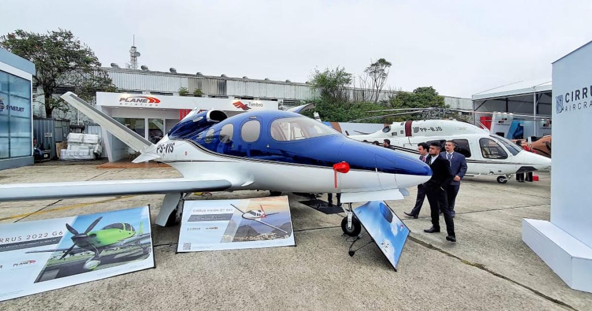 Brazil's Cirrus Aircraft distributor Plane Aviation brought this single-engine Vision jet to the LABACE static display. (Photo: Antonio Carlos Carriero/AIN)