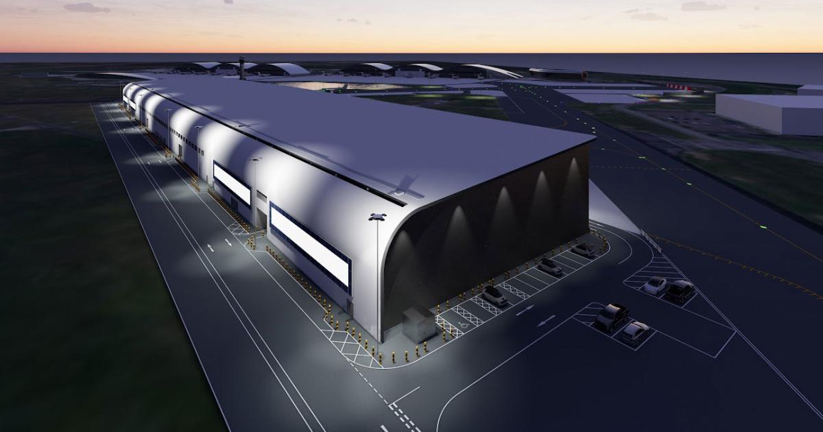 An artist rendering shows the design for the new 175,000-sq-ft hangar complex to be built at London-area Farnborough Airport. When completed early in 2024, the environmentally-friendly structure will bring the airport to 415,000 sq ft of aircraft storage space. (Image: Farnborough Airport)