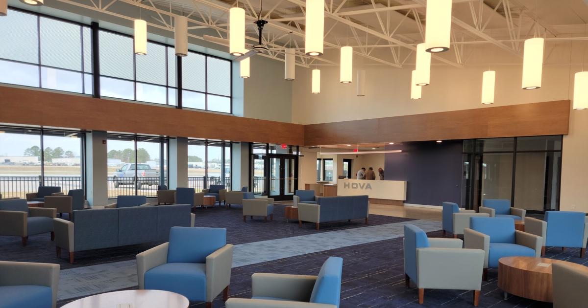 Hova Flight Services' new FBO terminal offers an airy, double-height passenger lobby with abundant natural light. (Photo: Hova Flight Services)