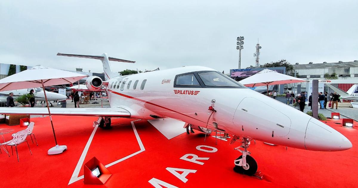Business jets like this Pilatus PC-24 at LABACE 2022 are ideally suited for far-flung unimproved airports in Brazil. (Photo: Antonio Carlos Carriero/AIN)