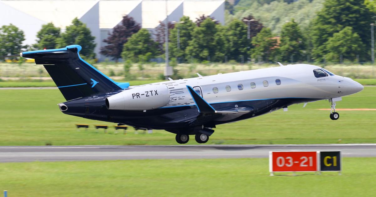 Orders and deliveries of business aircraft such as its Praetor 600, helped Embraer's executive jets division provide a financial boost to the Brazilian OEM in the second quarter of the year. (Photo: David McIntosh/AIN)