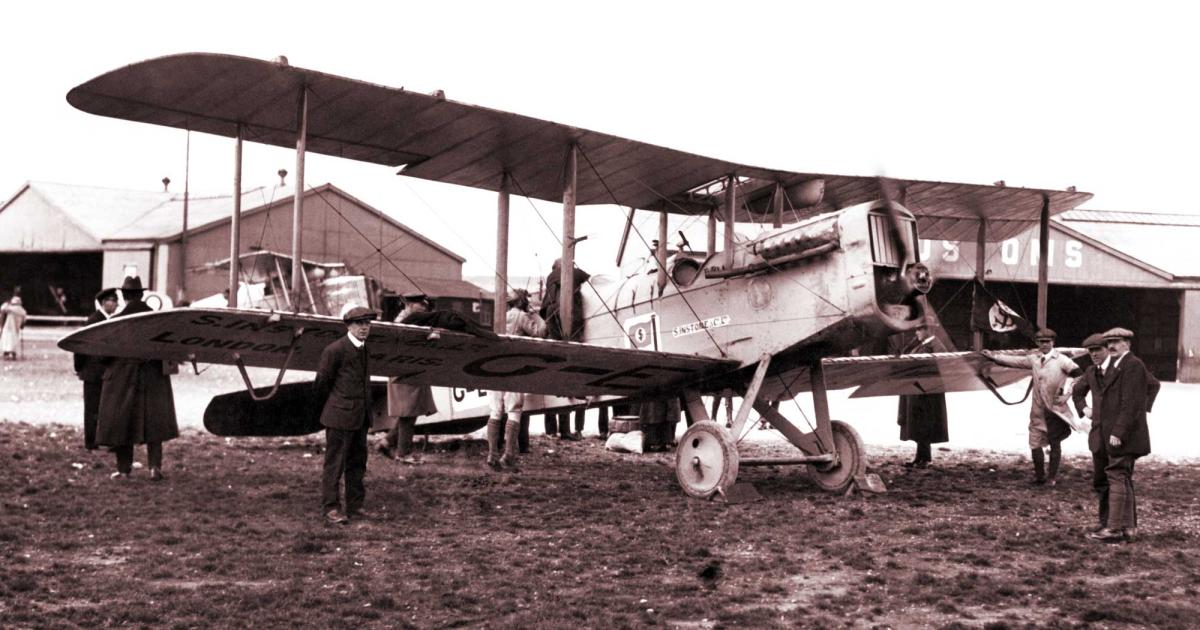 During the 1920s, airplanes like this Airco DH.4 bomber, designed by Geoffrey de Havilland, were pressed into airline service, in this case for flights between London Croydon Airport to Paris. At that time, air traffic control consisted of red and green lights for takeoff.
