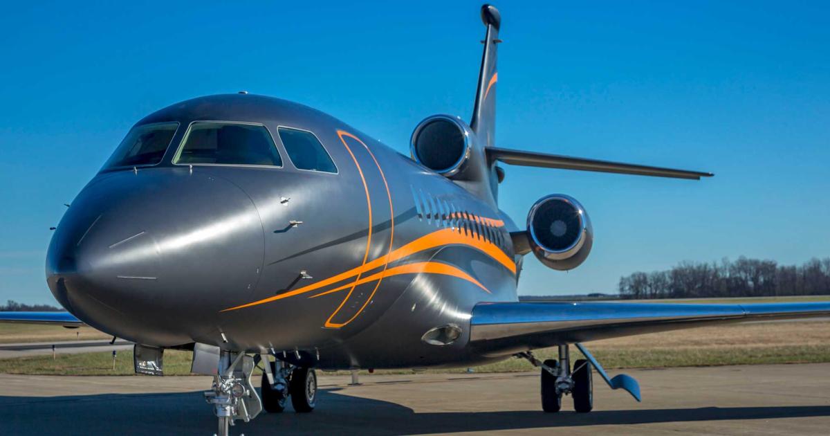 The mango orange striping on this Falcon 900 pops out from the matte gray body color. (Photo: Sherwin-Williams Aerospace Coatings)