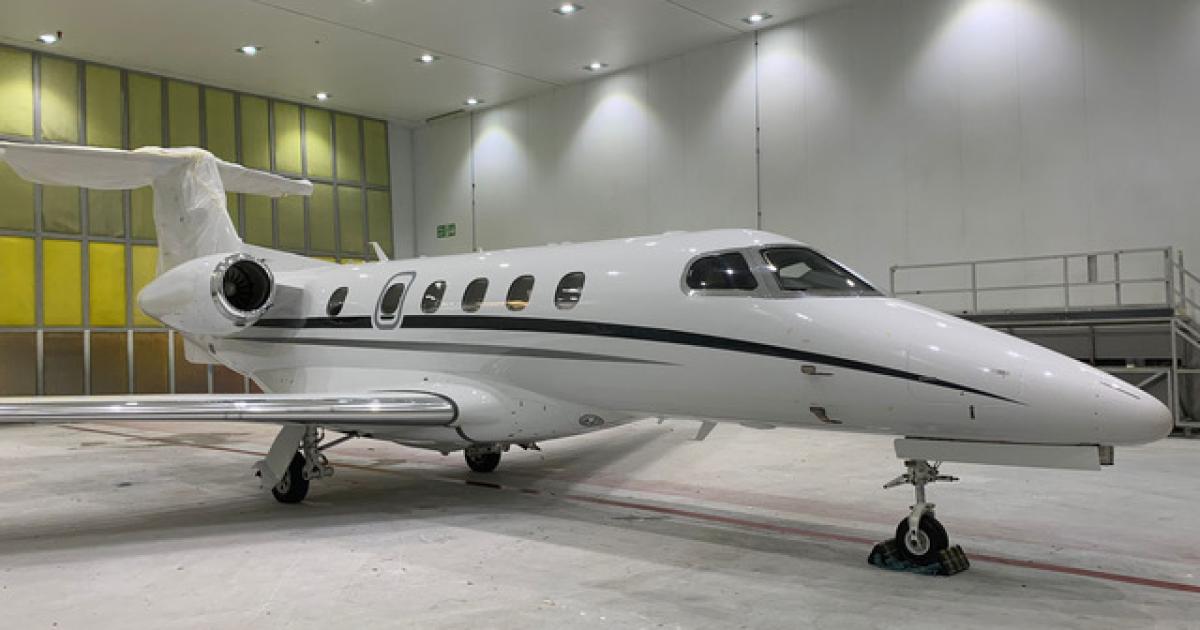 Aerocare Aviation Services recently completed an EASA to FAA type conversion, entry into service tasks, and paint finishing on this Embraer Phenom 300 for UK-based aircraft sales and acquisition specialist Burrows Aerospace. (Photo: Aerocare Aviation Services)