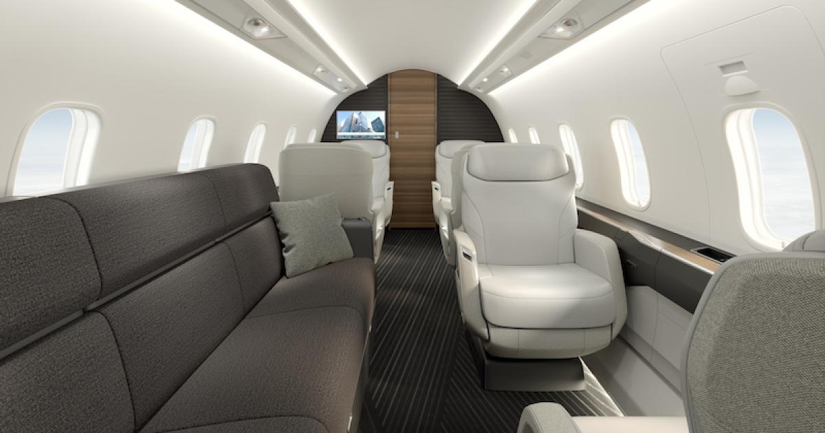 The cabin of Bombardier's Challenger 3500 includes such features as the airframer's patented Nuage seats and a voice-controlled cabin to manage lighting, temperature, and entertainment systems. (Photo: Bombardier)