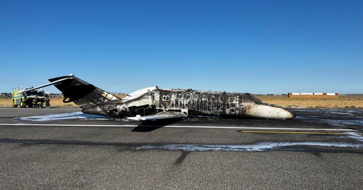 This Cessna Citation CJ3—registered as N528DV—was destroyed in a post-crash fire following a gear-up or gear-collapse landing at Tri-Cities Airport in Pasco, Washington on September 20, 2022. All 10 occupants survived the crash. (Photo: Pasco Fire Department)