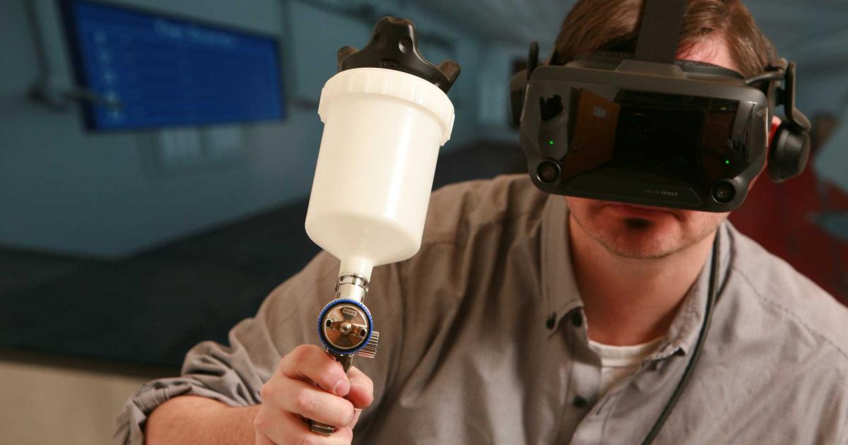 With a spray gun controller connected to a virtual reality headset and computer, trainees can learn the ins and outs of paint application.