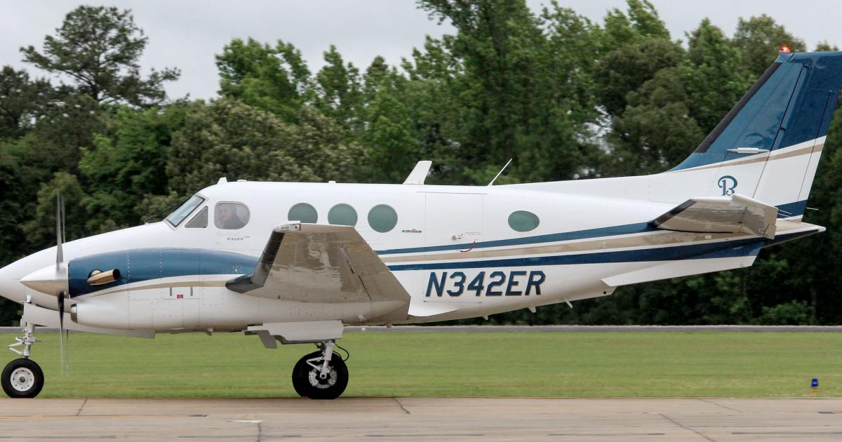 This King Air C90, N342ER was stolen by an FBO staffer, who circled over Tupelo, Mississippi for five hours before crash-landing it in a farm field. (Photo: FlightAware)