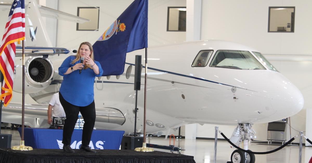 Mid-Continent Aviation Services director Kelly Lousch speaks during an open house on Thursday celebrating the company's completion of a 31,500-sq-ft hangar and office expansion at Wichita Eisenhower National Airport. (Photo: Jerry Siebenmark/AIN)