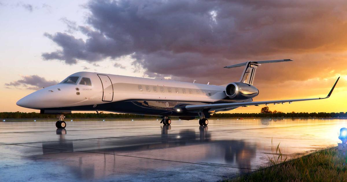 Jetcraft's latest forecast calls for 10,921 business jet transactions worth $66.6B from 2022 to year-end 2026. These higher values will be principally driven by midsize and large-cabin jets—with aircraft such as this Embraer Legacy 650 positioned in this sweet spot. (Photo: Embraer)