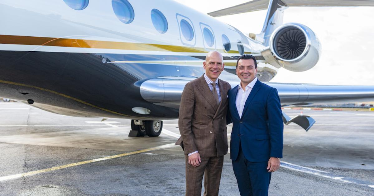 Flexjet president and CEO Michael Silvestro (left) with Malta's transport, infrastructure, and capital projects minister, Aaron Farrugia, during the delivery of Flexjet Europe's first Gulfstream G650. (Photo: Flexjet)