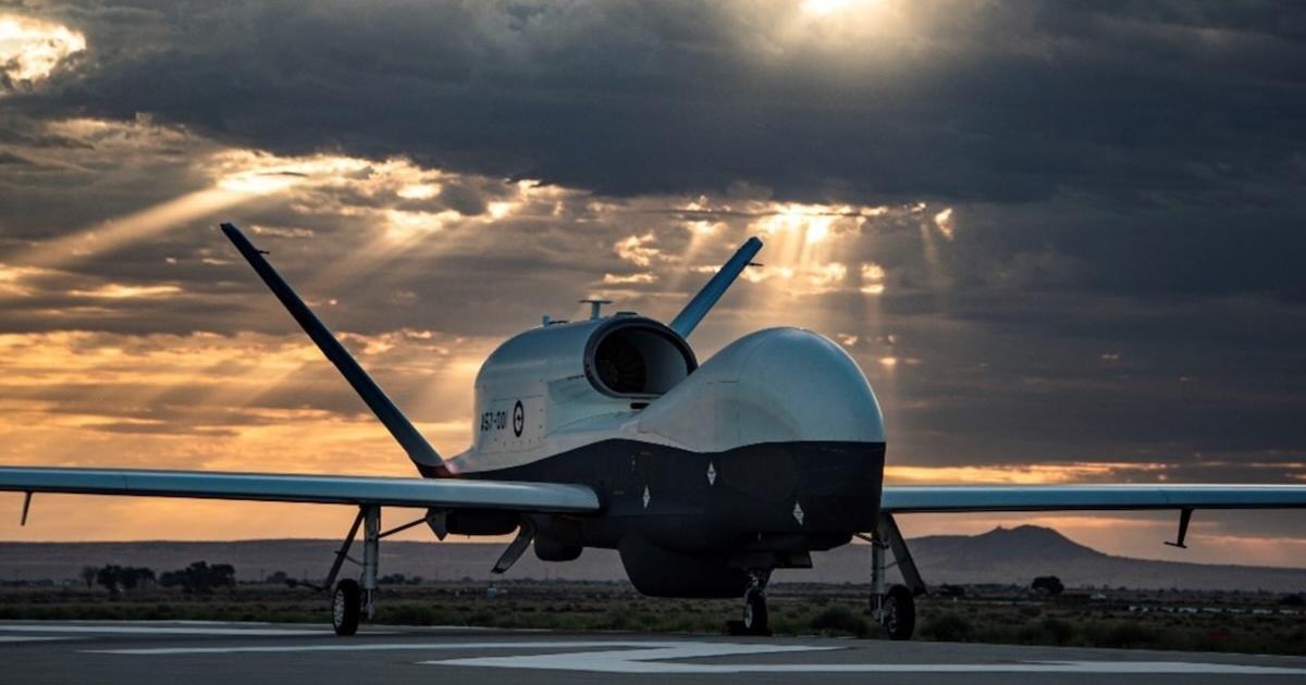 Australia’s first MQ-4C is seen during its unveiling ceremony at Palmdale. The Tritons are assigned serials in the ‘A57-xxx’ range. (Photo: Northrop Grumman)