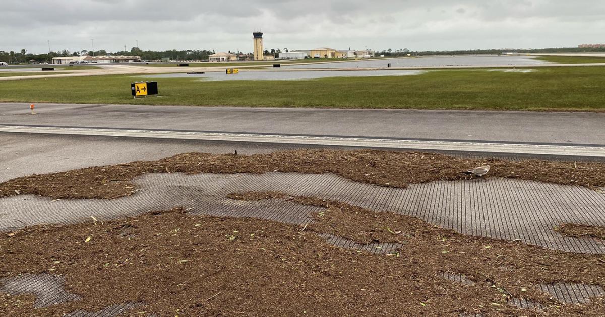 In the aftermath of Hurricane Ian, Naples Airport is working to clear its debris-covered runway and taxiways and remove any water from its fuel farm. The airport was expected to be open to helicopter rescue operations early this afternoon. (Photo: Naples Airport Authority)