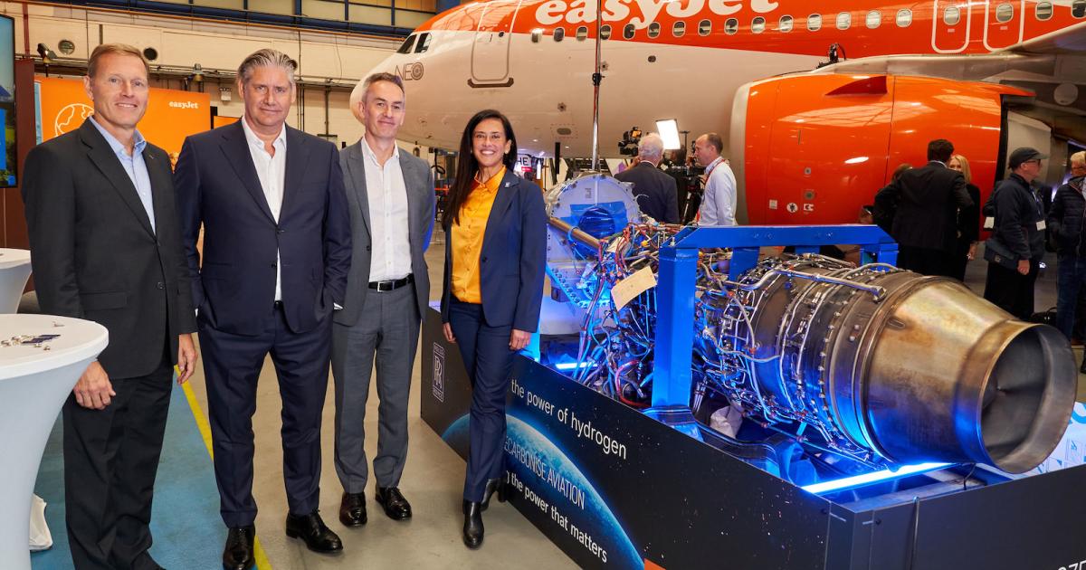 Senior executives from EasyJet, Airbus, and Rolls-Royce gathered for the launch of the low-cost carrier's new net zero carbon strategy this week. (Image: EasyJet)