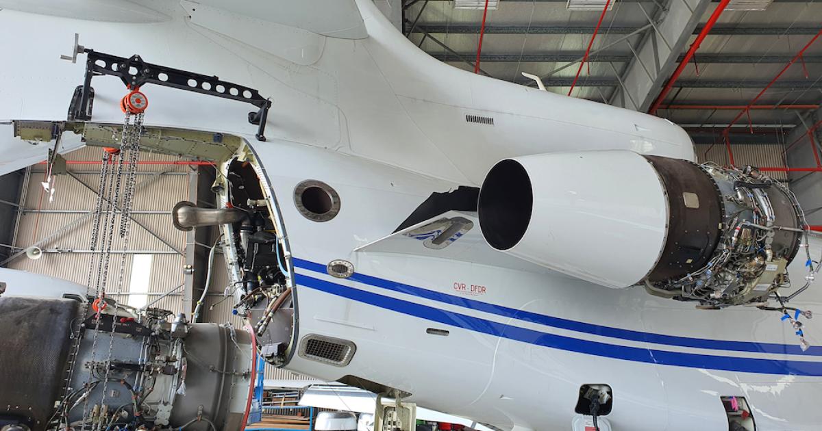 ExecuJet MRO Services Malaysia successfully removed a Pratt & Whitney Canada PW307A engine from its fan case on a Dassault Falcon 7X after investing in tools and training. (Photo: ExecuJet MRO Services Malaysia)