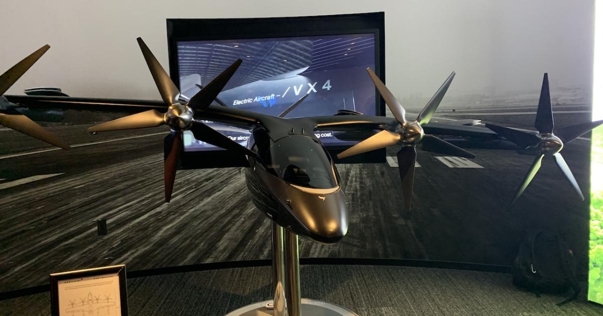 Vertical Aerospace displayed a model of its VX4 piloted, four-passenger eVTOL during Honeywell's Air Mobility Summit. (Photo: Kerry Lynch/AIN)