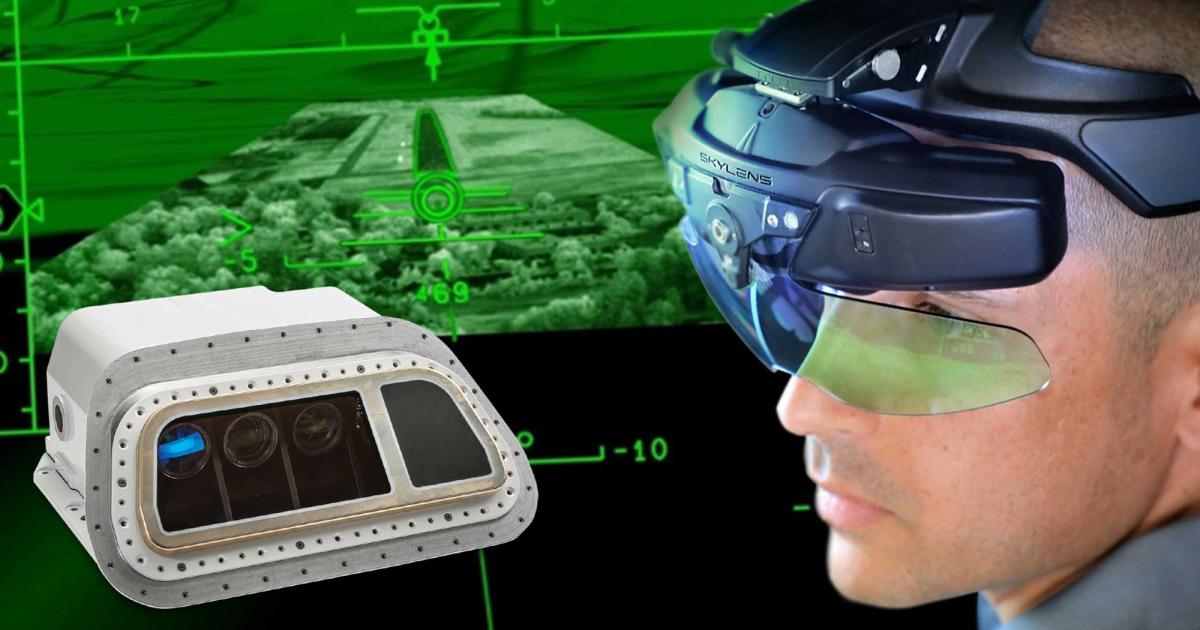Elbit’s SkyLens head-wearable display and EVS-5000 multi-spectral camera system offer pilots a much larger viewing area compared to traditional fixed-mount head-up displays. (Photo: Elbit)