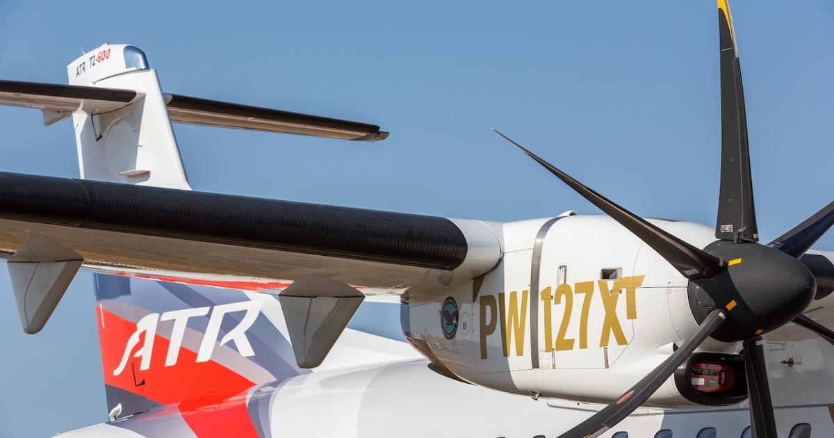 New ATR turboprops will benefit from a 3 percent fuel burn advantage and 40 percent increase in maintenance intervals thanks to the Pratt & Whitney PW127XT-M engines. (Photo: ATR)