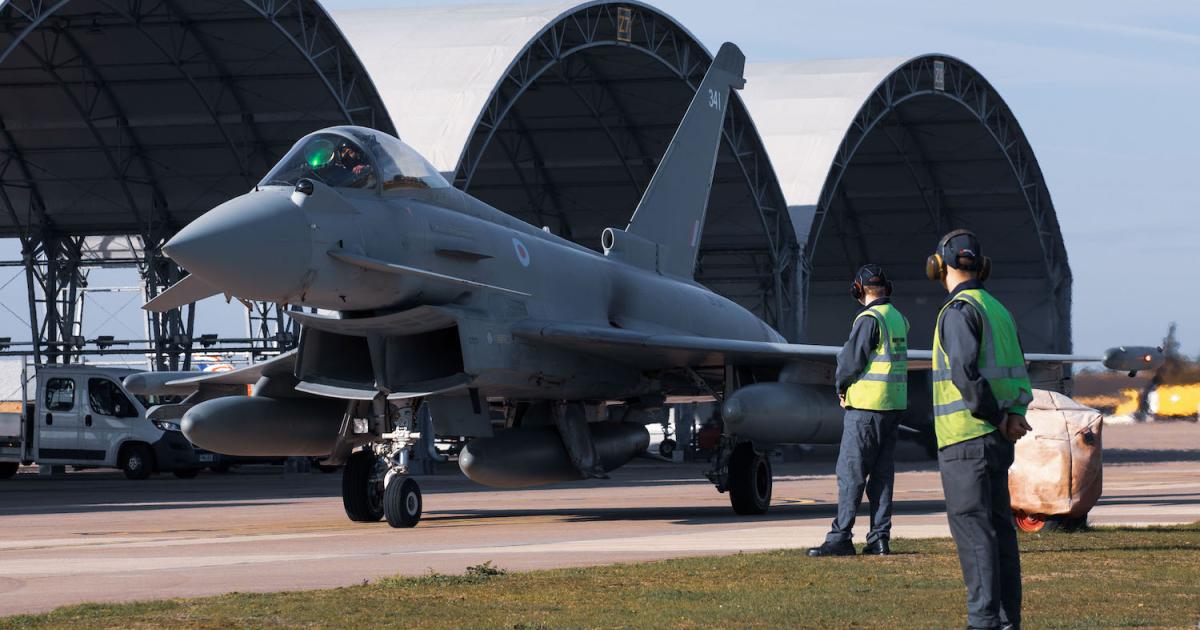 A Typhoon FGR.Mk 4 from No. 12 Squadron taxis out at Coningsby at the beginning of its ferry flight to Tamim in Qatar. (Photo: Royal Air Force Coningsby)