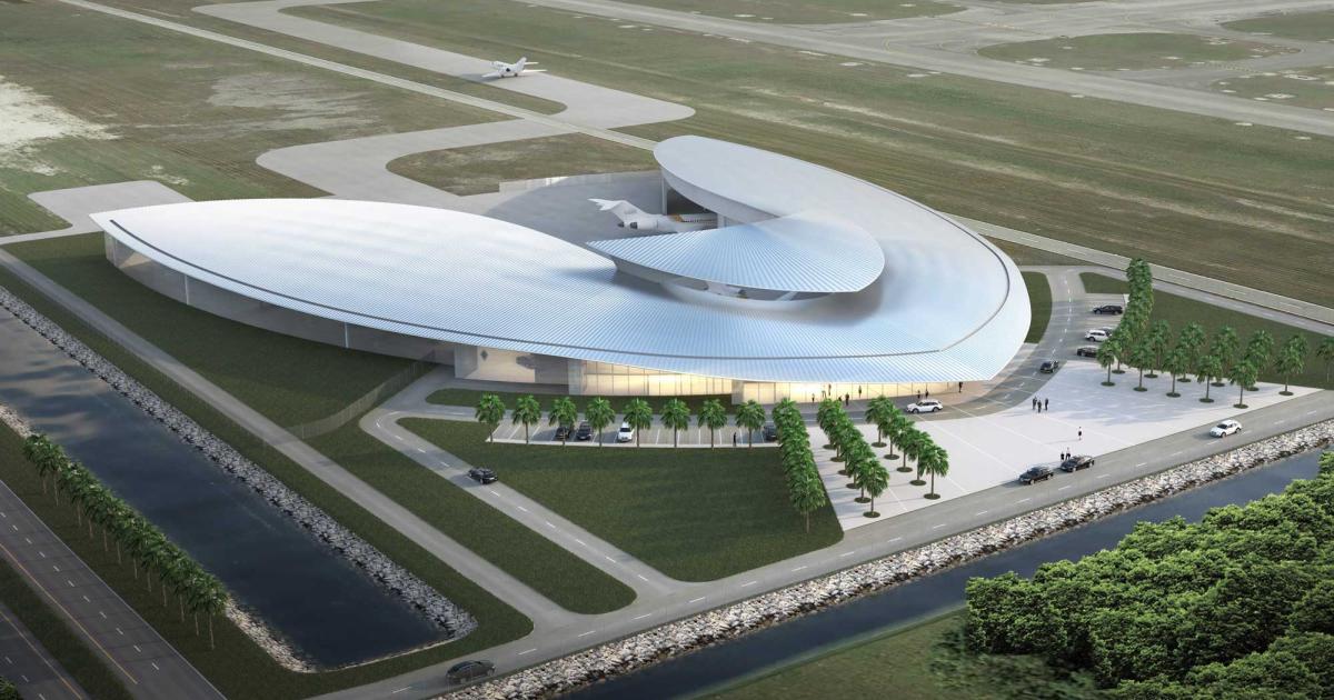 Embassair plans to open its 75,000-sq-ft, V-shaped FBO facility in December at Miami Opa-Locka Executive Airport. The AEG Connect Network FBO will be the fourth aircraft handling services provider at the airport. (Photo: Embassair)