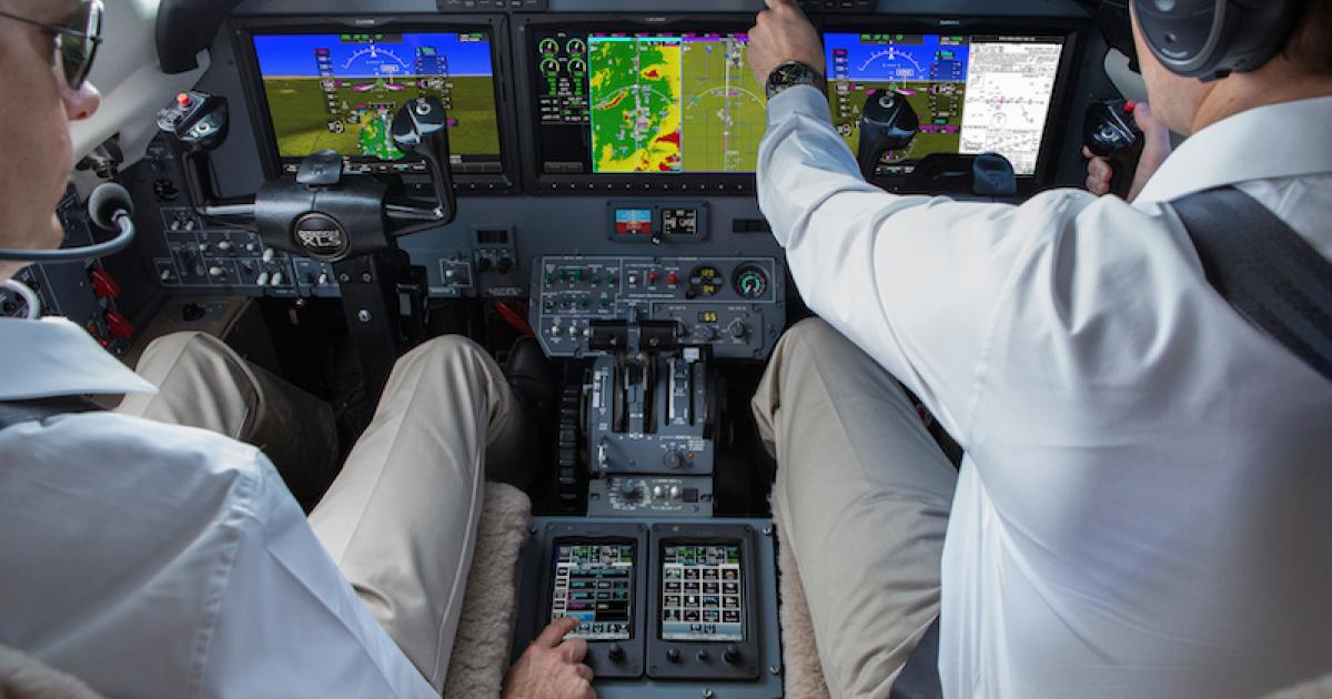 Garmin G5000's three landscape-oriented flight displays with split-screen capability allow pilots to simultaneously view maps, charts, checklists, TAWS, TCAS, flight plan information, and weather. (Photo: Garmin)