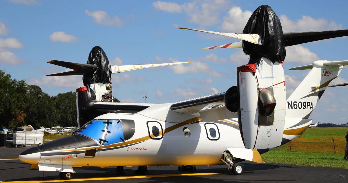 A flight test Leonardo AW609 tiltrotor—AC3—arrived at the NBAA-BACE static display for its show debut. (Photo: David McIntosh)